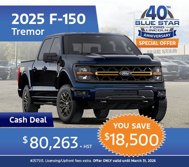 2025 Ford F-150 Tremor cash deal ad with $18,500 savings, priced at $80,263. Offer valid until March 31, 2026.