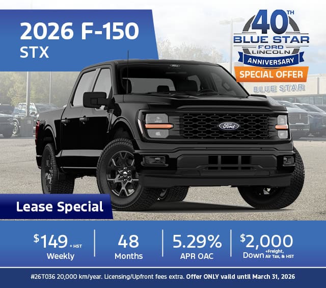 Lease a 2026 Ford F-150 STX for $149 weekly at 5.29% APR. Offer ends March 31, 2026. Blue Star Ford.