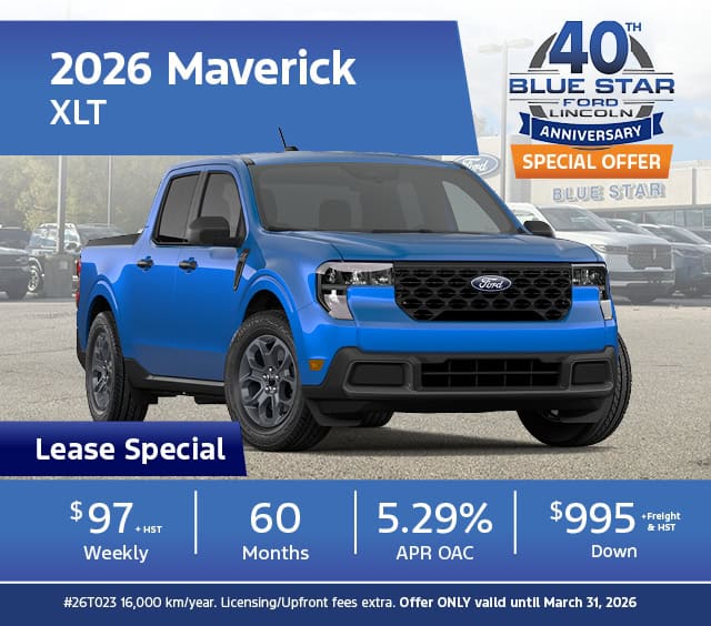 Blue 2026 Maverick XLT truck with lease offer details, featuring $97 weekly rate, 5.29% APR, and $995 down.