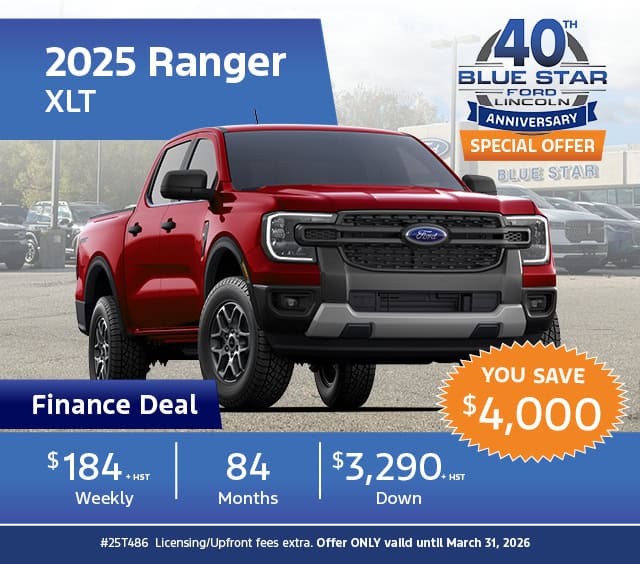2025 Ford Ranger XLT finance deal, $184 weekly, $3,290 down, save $4,000. Offer ends March 31, 2026.