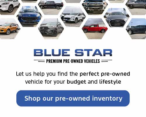 Blue Star pre-owned vehicle ad with various car images and a call to action to shop inventory.