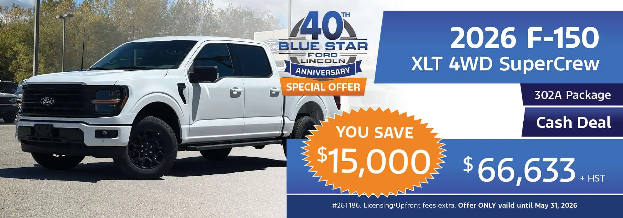 White 2026 Ford F-150 XLT 4WD SuperCrew with special offer: Save $15,000, cash deal $66,633.