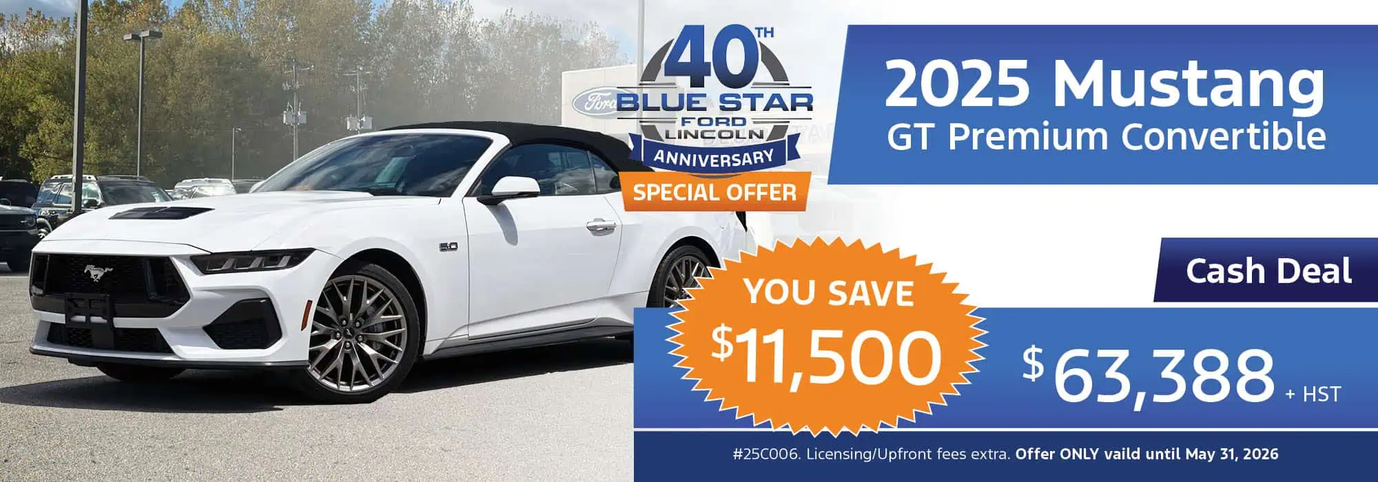 2025 Mustang GT Premium Convertible on sale, $11,500 off, cash deal $63,388, Blue Star Ford offer.