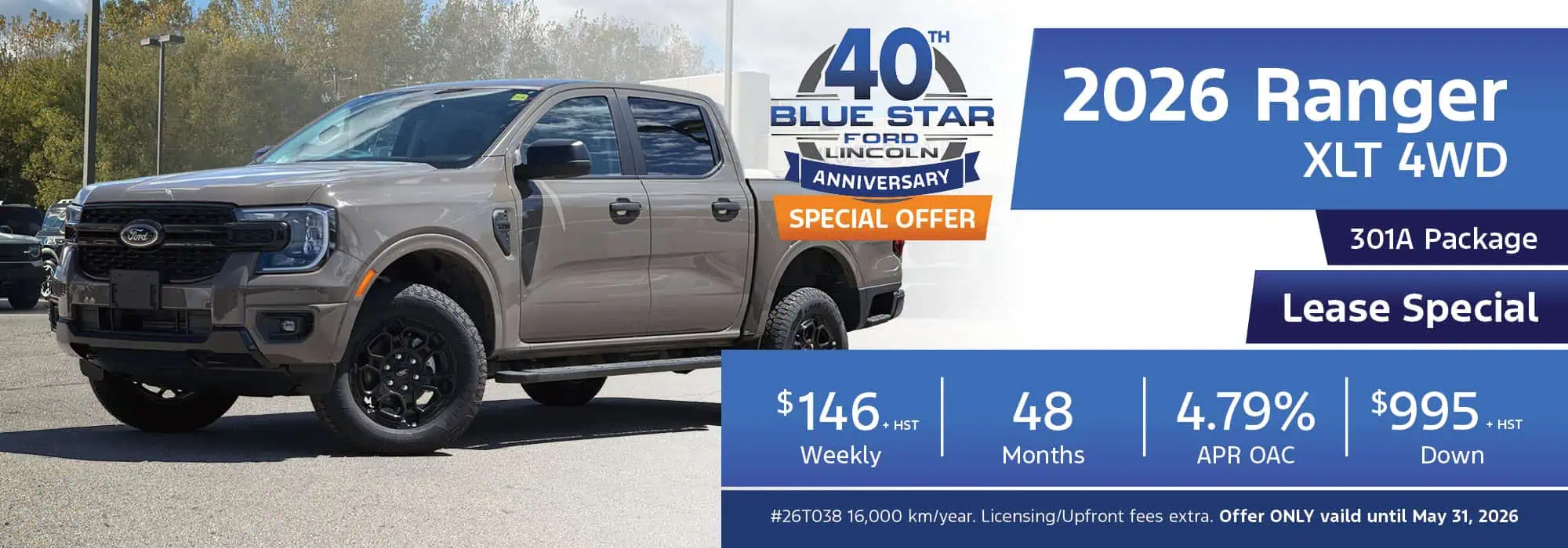 Promotion for 2026 Ford Ranger XLT 4WD lease offer. Special rates: $146 weekly, 4.79% APR over 48 months.