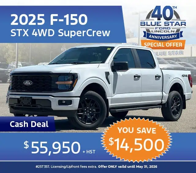 2025 Ford F-150 STX 4WD SuperCrew offer: $55,950 + HST, save $14,500. Cash deal ends May 31, 2026.