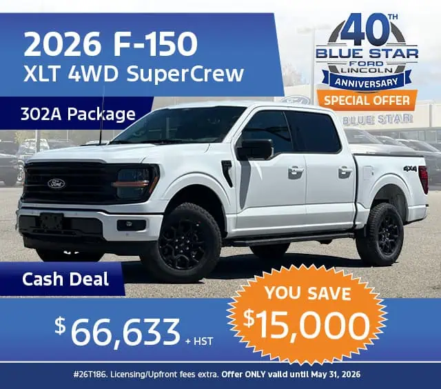 2026 Ford F-150 XLT 4WD SuperCrew on sale at Blue Star Ford with a $15,000 discount. Cash deal: $66,633 + HST.