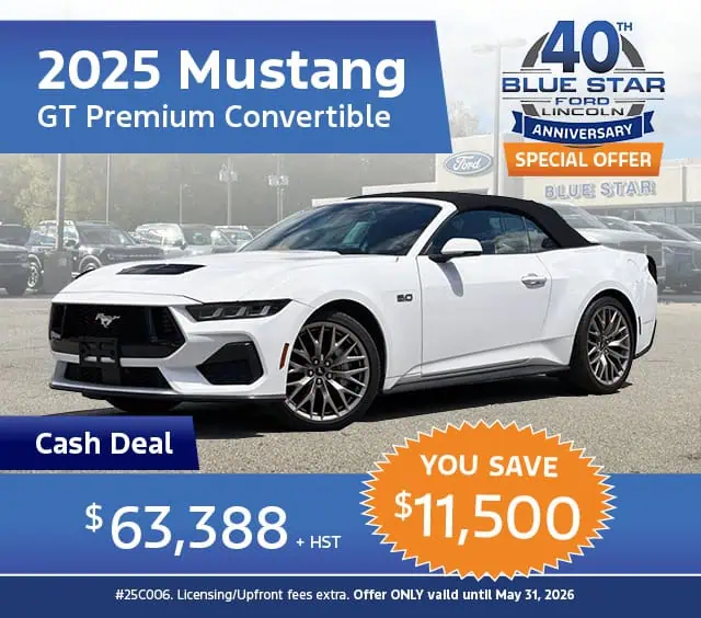 2025 Mustang GT Premium Convertible on sale at Blue Star Ford. Save $11,500; cash deal $63,388 + HST. Offer ends May 31, 2026.
