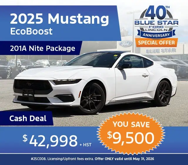 2025 Mustang EcoBoost 201A Nite Package at $42,998, save $9,500, Blue Star Ford special offer.