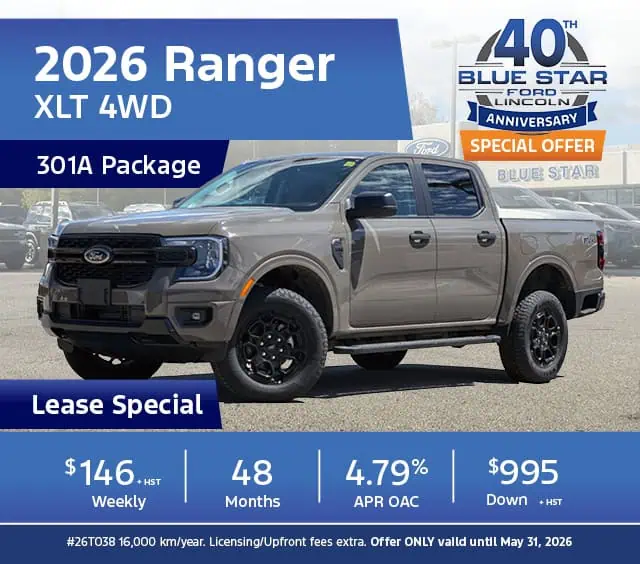 2026 Ford Ranger XLT 4WD, 301A Package lease special. $146 weekly, 48 months, 4.79% APR, $995 down.
