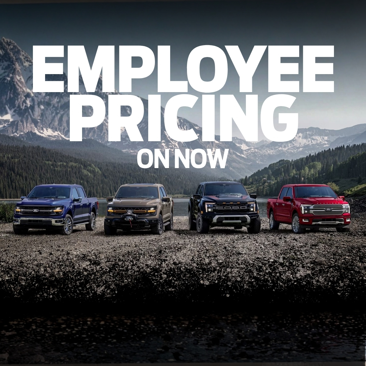 Four pickup trucks parked in front of mountains with "Employee Pricing On Now" text above.