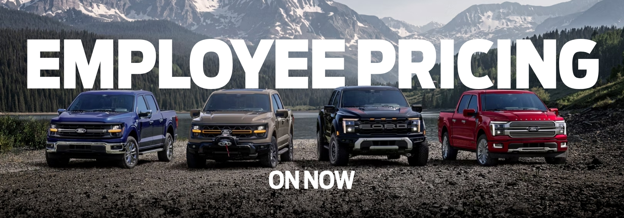 Four Ford trucks in a mountainous landscape promoting "Employee Pricing On Now."