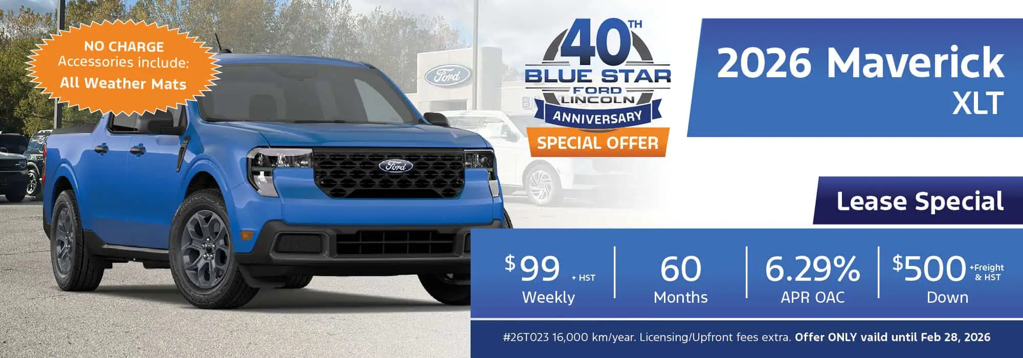 Blue 2026 Maverick XLT with special lease offer details, featuring no charge all-weather mats, $99 weekly, 6.29% APR.