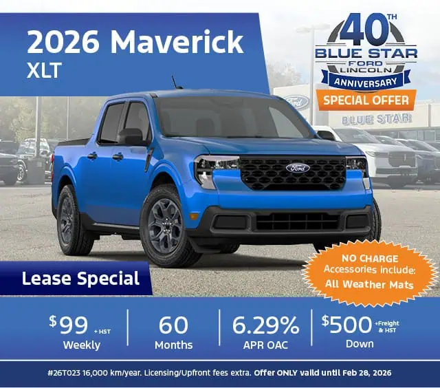2026 Maverick XLT lease offer with $99 weekly payments, 6.29% APR, and $500 down at Blue Star Ford.