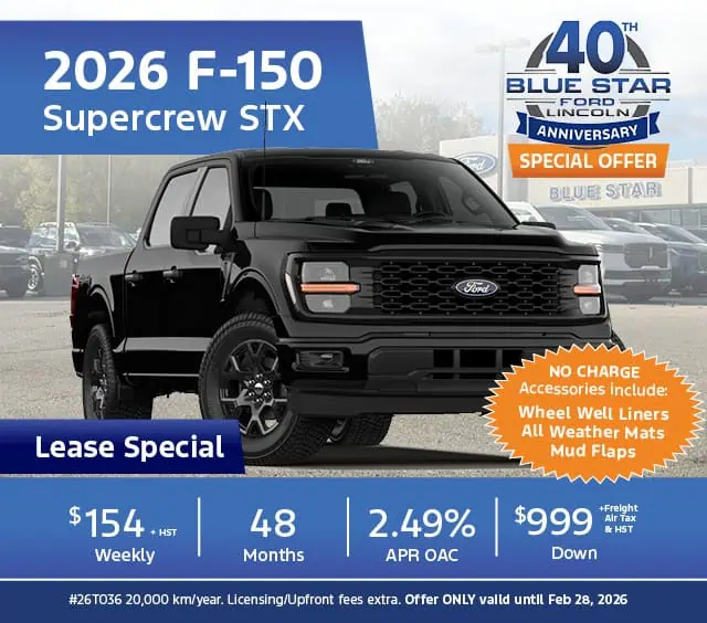2026 Ford F-150 Supercrew STX lease offer: $154 weekly, 48 months, 2.49% APR, $999 down, no-charge accessories.