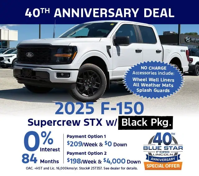 2025 Ford F-150 Supercrew STX with Black Package, 0% interest for 84 months, anniversary deal promotion.