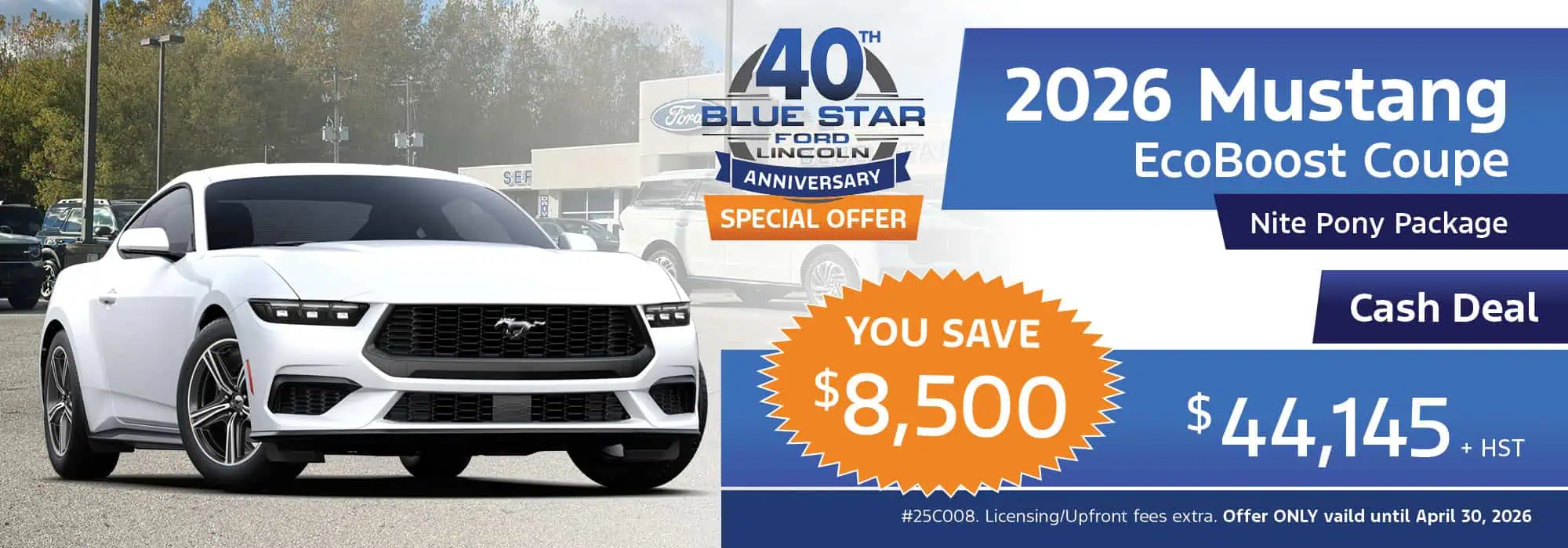 2026 Mustang EcoBoost Coupe special offer ad from Blue Star Ford Lincoln, save $8,500. Price: $44,145.