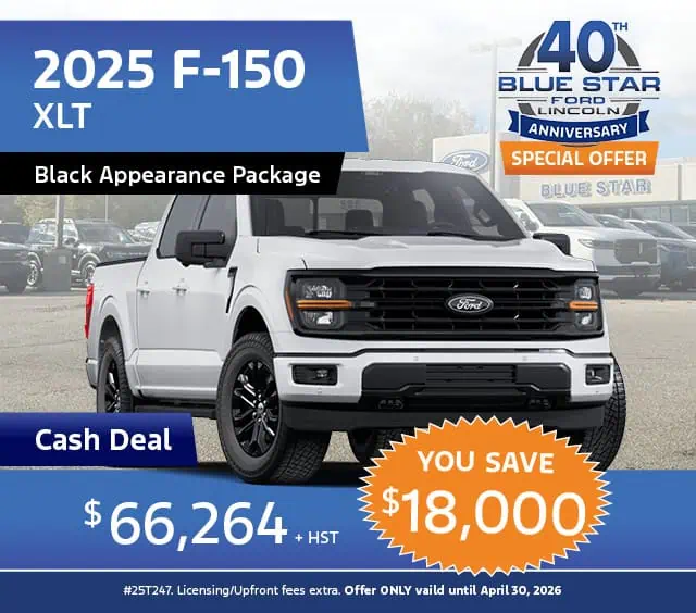 2025 Ford F-150 XLT promotion with cash deal of $66,264, and savings of $18,000. Offer valid until April 30, 2026.