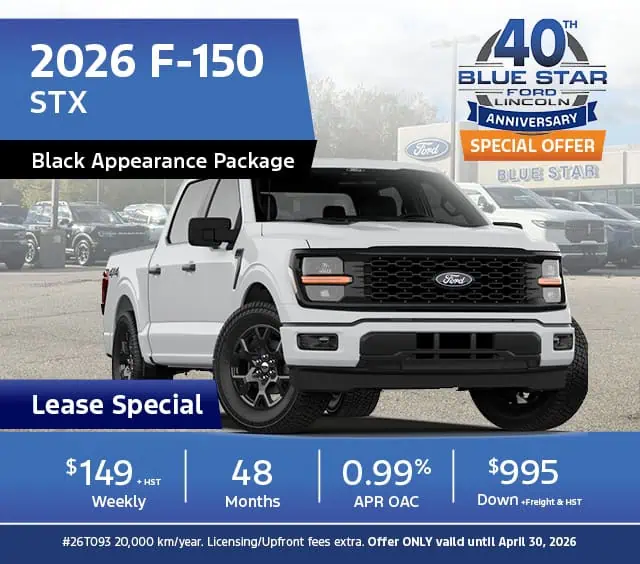 2026 Ford F-150 STX with Black Appearance Package. Lease special: $149/week, 0.99% APR, $995 down. Offer valid until April 30, 2026.