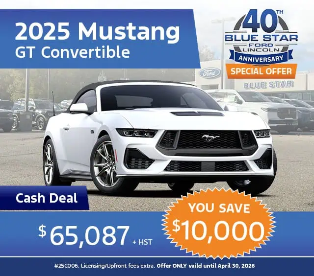 2025 Mustang GT Convertible cash deal at $65,087, save $10,000. Blue Star Ford 40th anniversary offer.