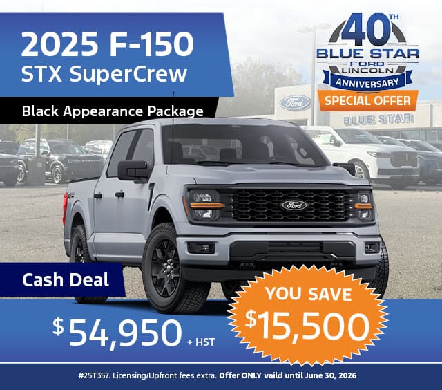 2025 F-150 STX SuperCrew in Black Appearance Package with a $15,500 cash discount, priced at $54,950.