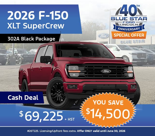 2026 F-150 XLT SuperCrew in red with $14,500 discount, priced at $69,225. Blue Star Ford 40th Anniversary offer.
