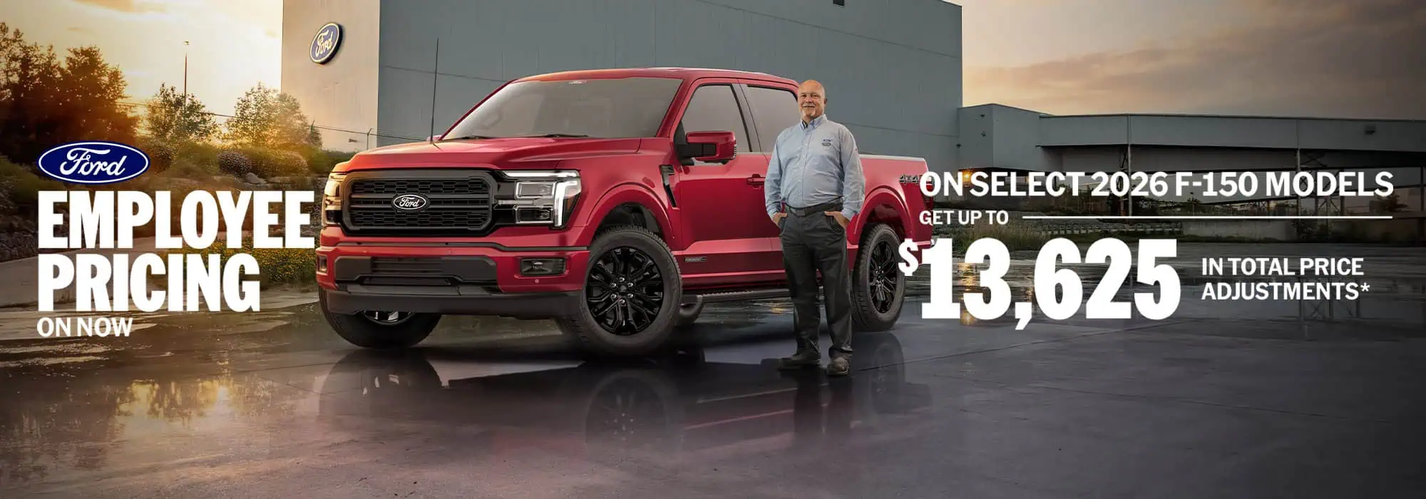 Red Ford F-150 truck with a man standing beside it, showcasing employee pricing with savings up to $13,625.