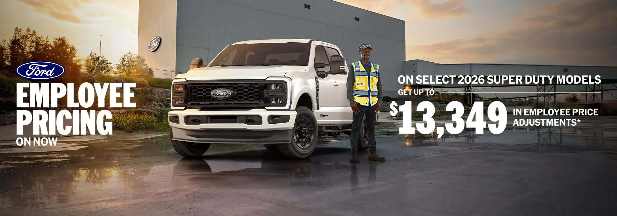 Ford Employee Pricing promotion on Super Duty models with up to $13,349 savings featured on a white truck.