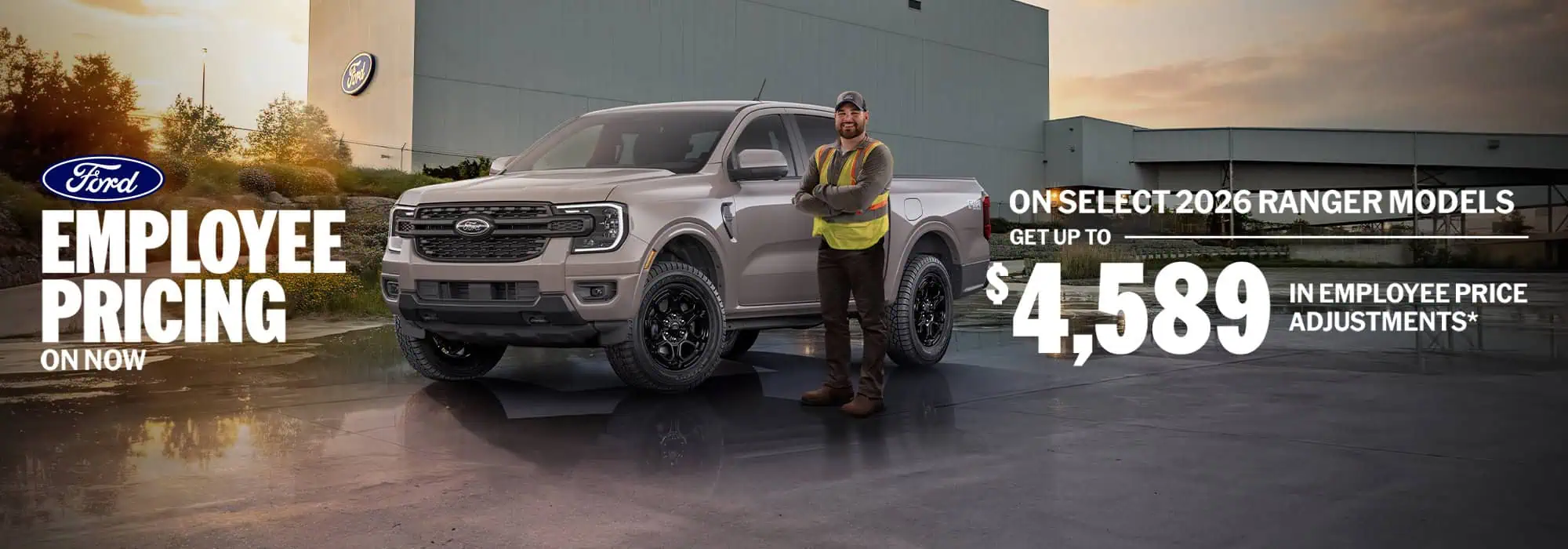 Ford employee pricing offer, featuring a 2026 Ranger and a worker in a safety vest beside a factory.