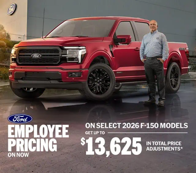 Red 2026 Ford F-150 next to a smiling man, promoting Ford employee pricing with up to $13,625 savings.
