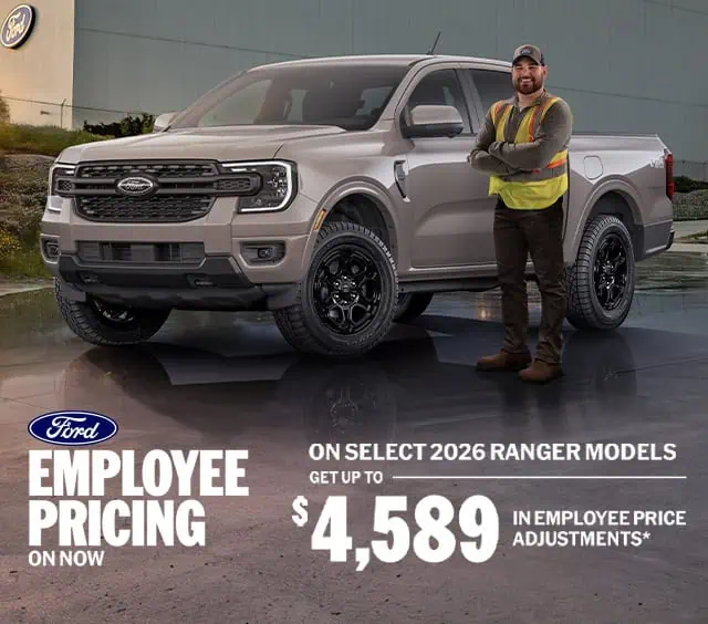 Ford Ranger and worker promoting 2026 employee pricing with up to $4,589 in savings.