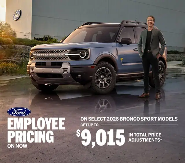 2026 Ford Bronco Sport SUV with promotional text about employee pricing discount up to $9,015.