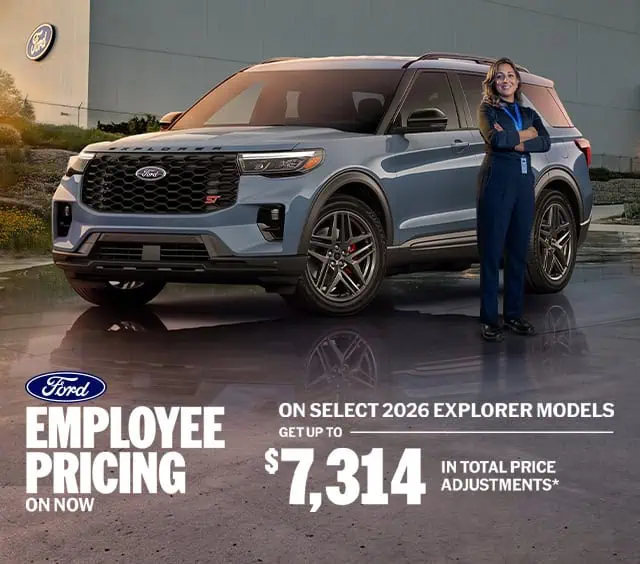 2026 Ford Explorer with employee pricing offer, highlighting up to $7,314 in price adjustments.