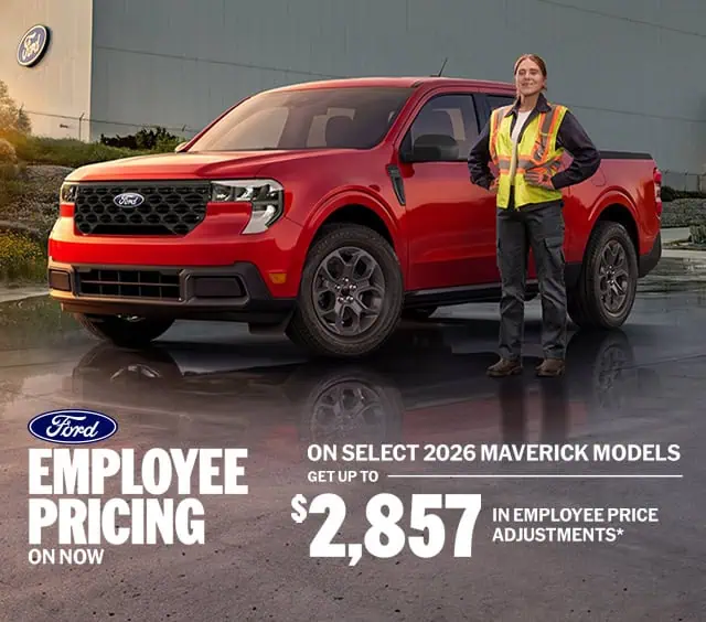 Red Ford Maverick truck with person in safety vest; offers up to $2,857 in employee price adjustments.