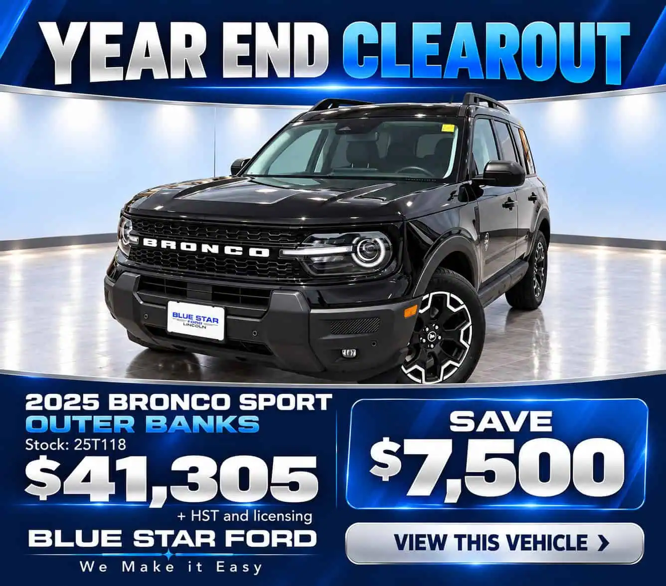 2025 Bronco Sport Outer Banks SUV on sale for $41,305 at Blue Star Ford with a $7,500 year-end discount.