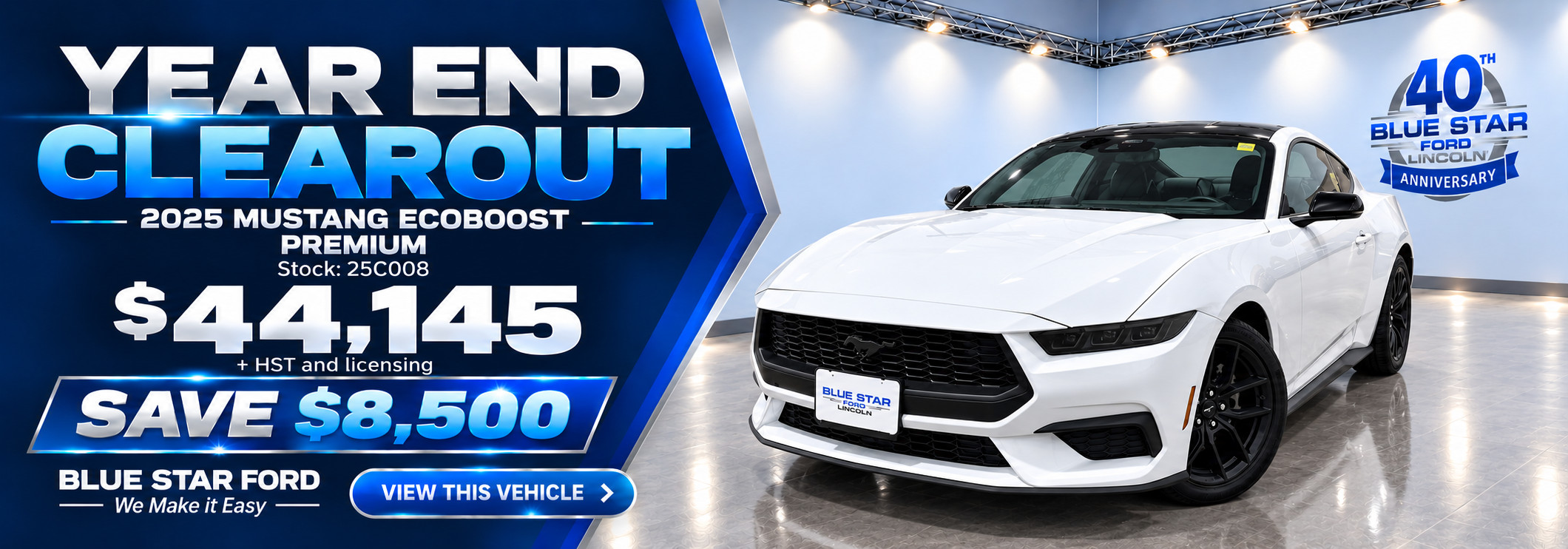 Year-end sale banner for 2025 Mustang EcoBoost Premium at Blue Star Ford, priced at $44,145.