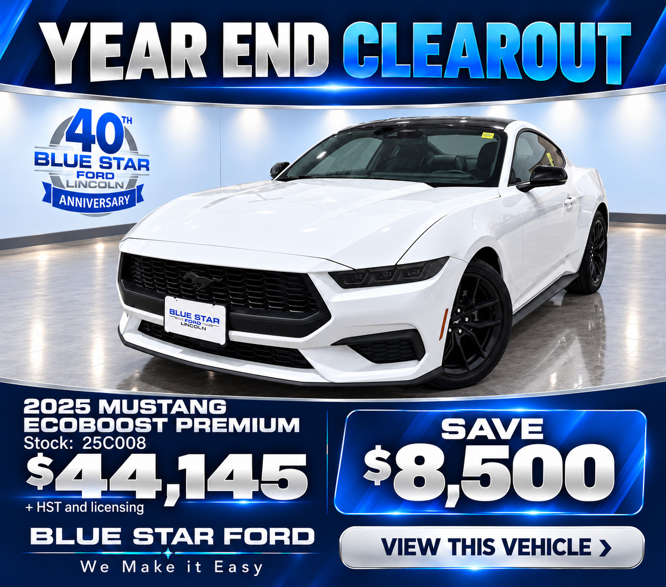 White 2025 Mustang Ecoboost Premium on sale for $44,145 at Blue Star Ford. Save $8,500. Year-end clearout event.